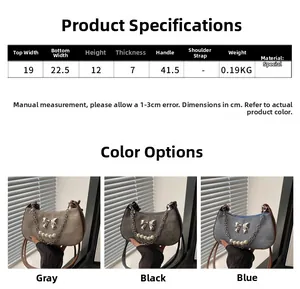 Tableau des tailles détaillé pour le sac à nœud avec dimensions et vue de la variante grise