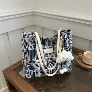Women Large Capacity Canvas Tote Bag Geometric Stripe Pattern Shoulder Bag With PU Leather Strap And Plush Cloud Charm