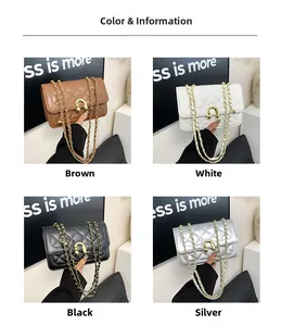 Detail view of quilted leather texture and golden metal chain straps in four colors