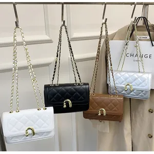 Quilted flap crossbody bags with chain straps and horse-shoe buckles in four colors