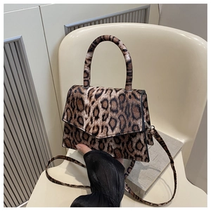 Detail of leopard print small square bag featuring magnetic closure and silver hardware