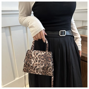 Close-up of leopard print handbag with top handle and flap closure shown on model