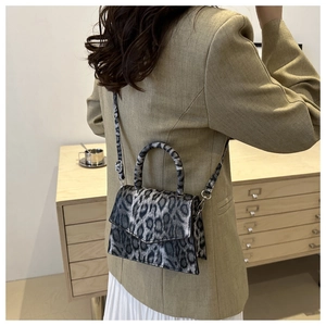 Detail view of a leopard print crossbody bag with round handle worn by a model