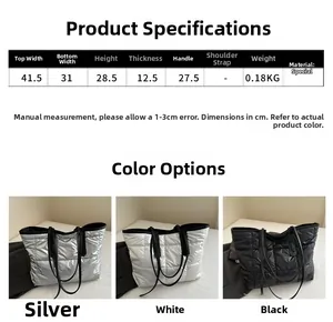 Size chart for lightweight quilted tote bag showing dimensions and colors in silver, white, black