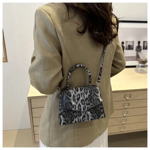 Detailed back view of a chic leopard print crossbody bag with silver hardware on model