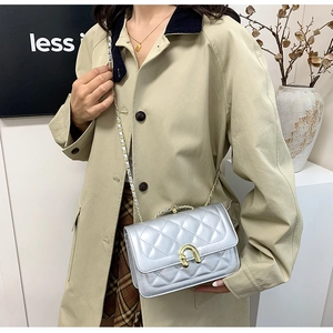 Close-up of quilted silver crossbody bag featuring golden U-shaped buckle and metal chain strap