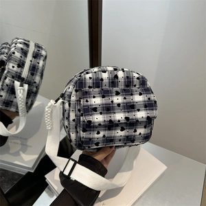 Plaid Heart Print Crossbody Bag For Women Nylon Fabric Square Shoulder Bag With Adjustable Wide Strap Fashion Casual Chic