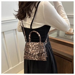 Detail of leopard print handbag with silver clasp and top handle shown on a model