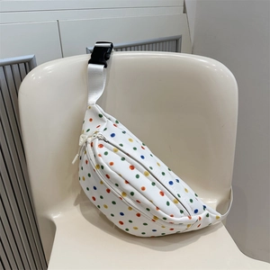 Cute white canvas waist bag with colorful polka dots and adjustable shoulder strap
