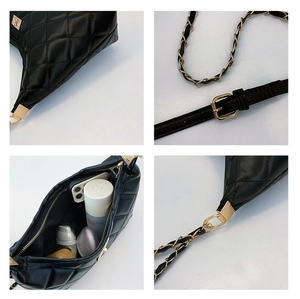 Detail of black quilted leather shoulder bag with gold chain strap and buckle