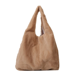 Chique lichtbeige pluche draagtas met imitatiebont textuur en geïntegreerd handvat