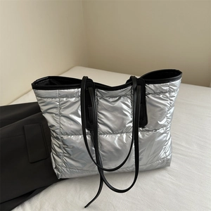 Women Quilted Puffer Tote Bag Metallic Large Capacity Lightweight Shoulder Handbag Casual Commuter Travel