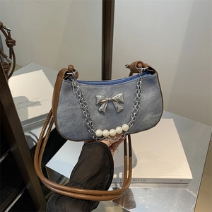Women Vintage Hobo Bag Butterfly Bow Metal Artificial Pearl Chain Crossbody Shoulder Bag Denim PU Leather Trendy Versatile