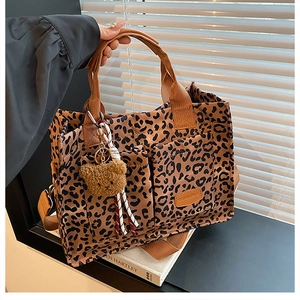 Leopard Print Canvas Tote Bag Large Capacity Multi Pockets Adjustable Strap Crossbody Handbag With Plush Bear Pendant