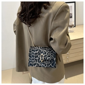 Detail of leopard print crossbody bag with gold chain strap and metal buckle