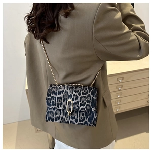 Minimalist leopard print crossbody bag with gold chain strap shown on a khaki blazer