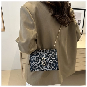Detailed view of leopard print crossbody bag with gold chain strap on model shoulder