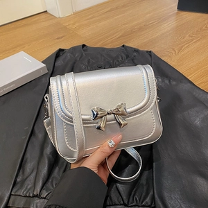 Women Crossbody Bag PU Leather Fashion Bowknot Metal Clasp Small Square Shoulder Bag Sweet Elegant Daily Style