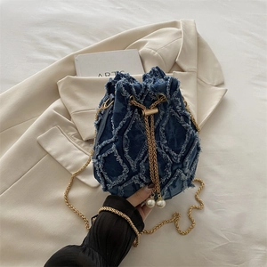 Denim Bucket Bag Frayed Edges Quilted Diamond Pattern Artificial Pearl Decor Gold Chain Strap Drawstring Crossbody Handbag Women