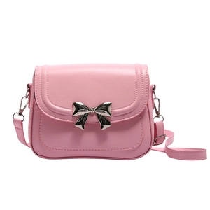 Pink bow shoulder bag with smooth PU leather finish and elegant silver metal bow detail