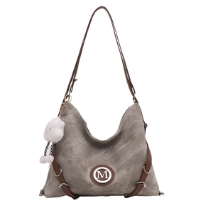 Grand sac cabas en toile taupe avec bandoulières marron et logo M central