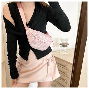 Women's casual striped half-round saddle chest bag with adjustable pink shoulder strap