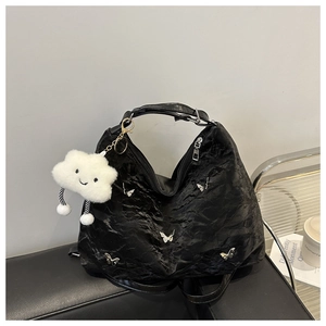 Y2K black pleated shoulder bag with silver butterfly charms and cloud pendant
