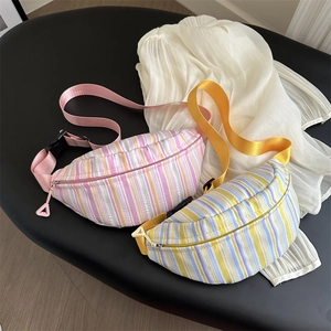 Women Colorful Striped Waist Bag Nylon Lightweight Adjustable Strap Casual Chest Crossbody Pack Fashion Crescent Bag