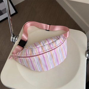 Colorful striped crossbody chest bag for women with pink nylon strap and quilted texture