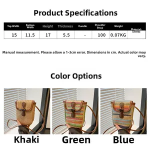 Detailed size chart and dimensions for the rainbow woven mini straw crossbody bag