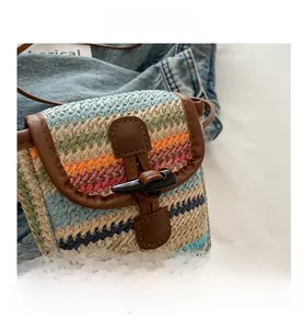 Detailed close-up of rainbow straw woven bag with leather flap and horn buckle closure