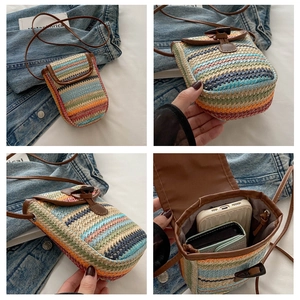 Detail shots of a colorful rainbow woven straw crossbody bag with leather trim and strap