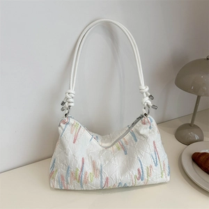 Women Underarm Bag Nylon Pleated Fabric With Colorful Wavy Embroidery Knot Shoulder Strap Trendy Minimalist Shoulder Bag