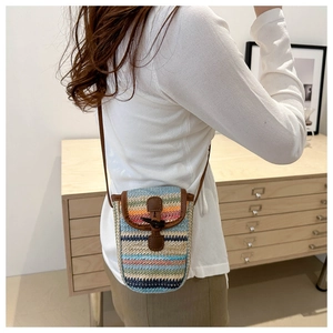 Detail of colorful woven straw phone bag with rainbow stripes and leather toggle closure