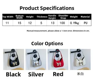 Detailed size specifications and four color variants of the mini bow crossbody bag