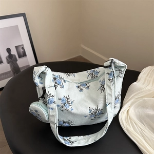 Women Corduroy Floral Print Crossbody Hobo Bag With Matching Small Round Coin Pouch Detachable Strap Retro Leisure
