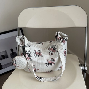 Floral corduroy dumpling bag set with shoulder strap and mini round coin purse