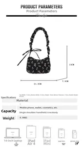Detailed size chart of black bow-print fabric shoulder bag with cloud strap measurements