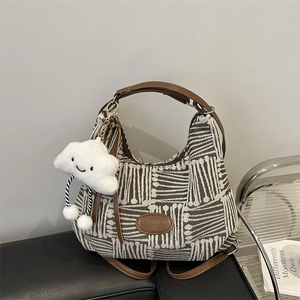 Women Geometric Striped Woven Canvas Tote Bag With Cloud Plush Charm Casual Shoulder Crossbody Hobo Handbag Retro Commuter