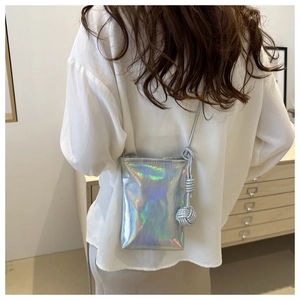 Minimalist holographic crossbody phone bag for women with a sleek iridescent silver finish
