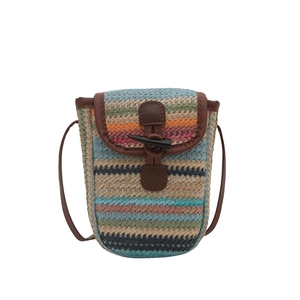 Rainbow striped straw woven crossbody phone bag with brown leather trim and horn buckle