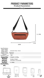 Detailed size chart for orange nylon waist bag with strap measurements and weight info