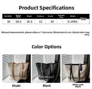 Detailed size chart for the large canvas tote bag with specific dimensions and material info