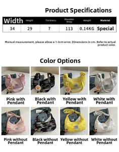 Detailed chart showing dimensions 34x29x7cm and weight 0.14kg of the striped crescent bag