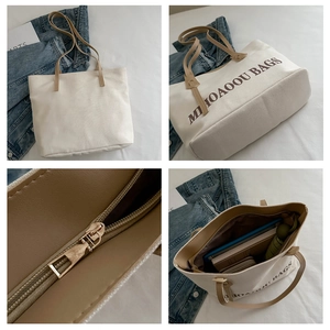Detailed views of canvas tote bag with leather handles and large interior capacity