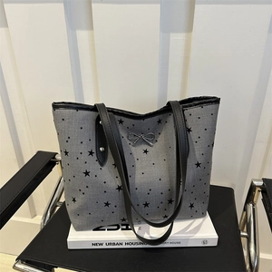 Borsa Tote Da Donna Tessuto Oxford Motivo Pois Stella Cuore Decorazione Fiocco Metallico Grande Capacità Casual