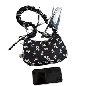 Black butterfly print nylon underarm bag with ruffled strap and size reference