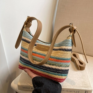 Rainbow Striped Woven Underarm Bag Straw Shoulder Crossbody Purse Large Capacity Bohemian Vacation For Women