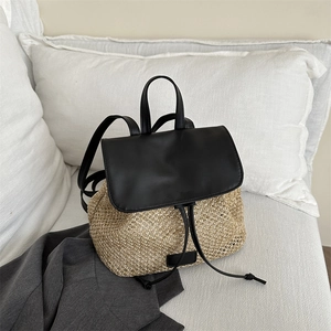 Zaino In Paglia Da Donna Borsa Da Spiaggia Intrecciata Con Patta In Pelle PU Coulisse Vacanze Estive Zainetto Casual