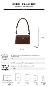 Tableau des tailles d'un sac bandoulière en cuir PU marron avec nœud argenté et largeur 22,5cm